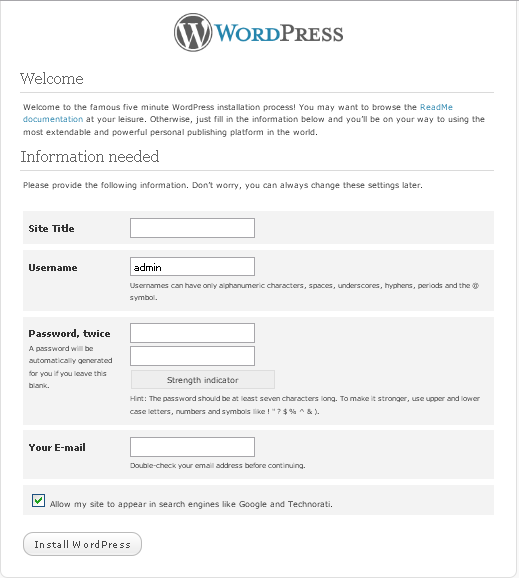 Ultimare l'installazione di WordPress 3.0, inserisci i dati del blog