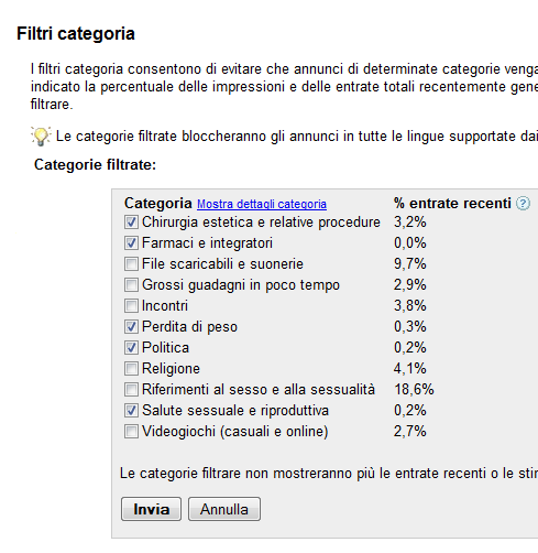 Filtro categoria Google AdSense