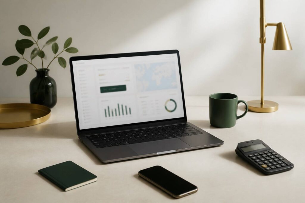 Viaggiatore che consulta una prenotazione di viaggio sul laptop con passaporto generico e telefono sulla scrivania