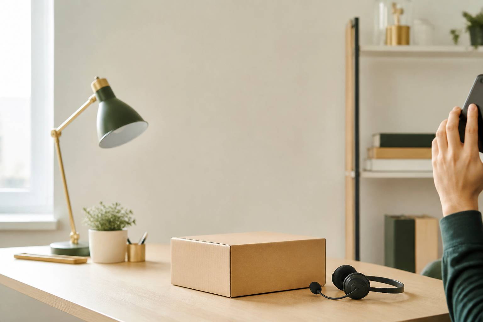 Main tenant un smartphone à l'oreille près d'un colis