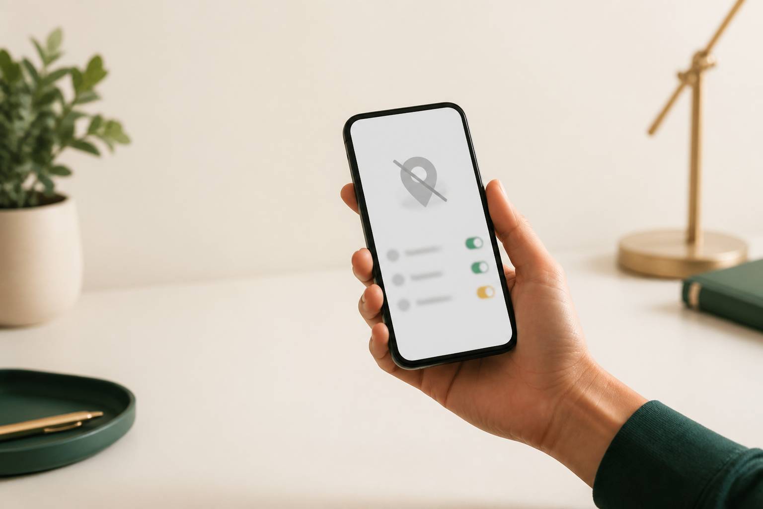 Main tenant un smartphone aux réglages flous de localisation