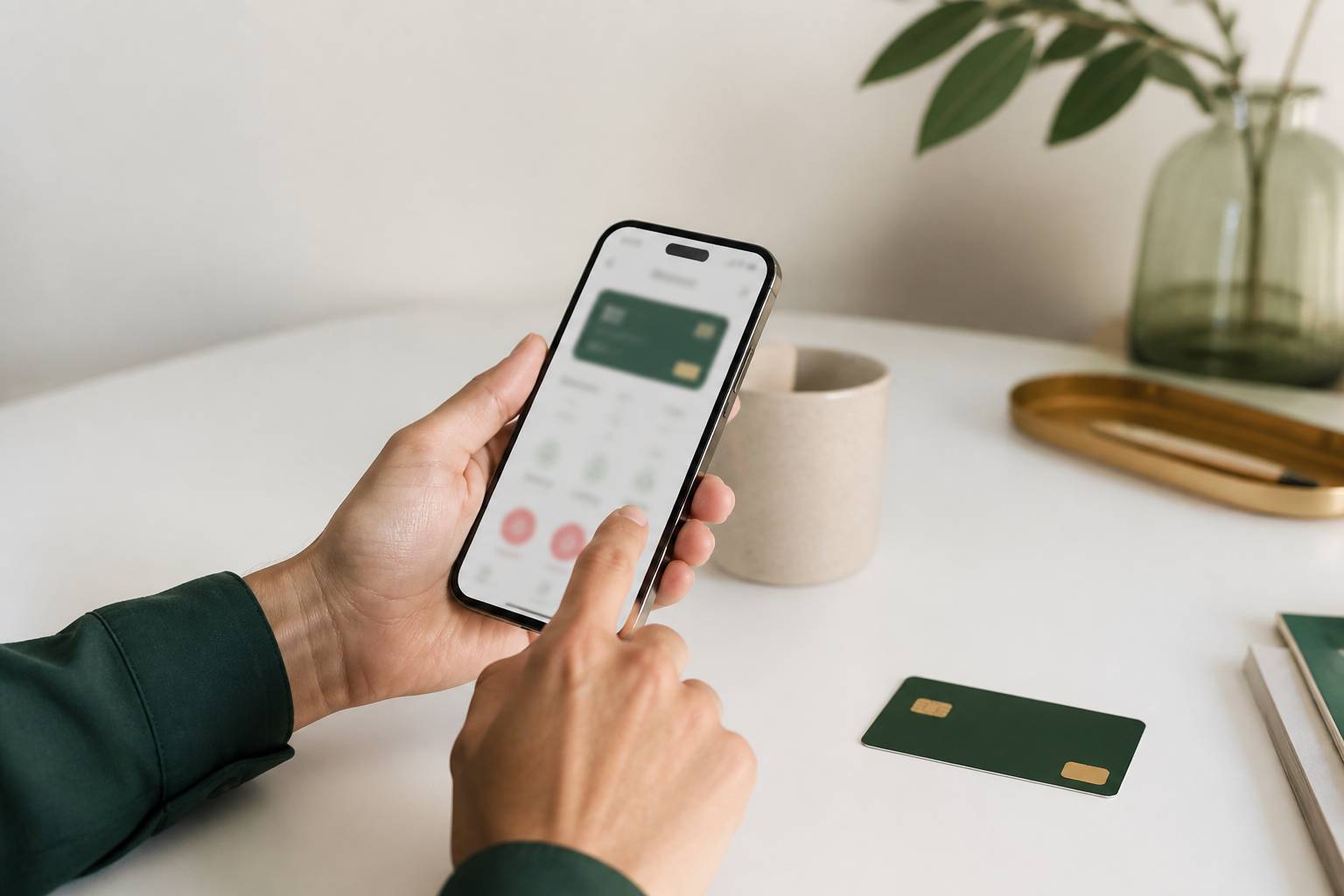 Mains tenant un smartphone avec une interface bancaire et une carte anonyme à côté