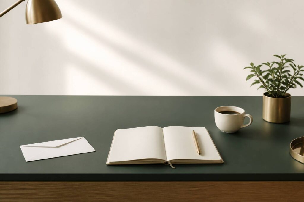 Bureau épuré avec carnet, stylo et enveloppe