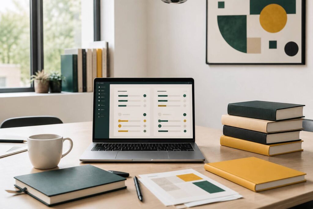 Bureau clair avec ordinateur et dictionnaires pour la traduction en ligne