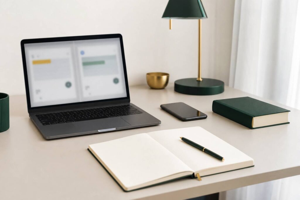 Bureau clair et ordonné avec ordinateur portable ouvert et dictionnaire pour la traduction