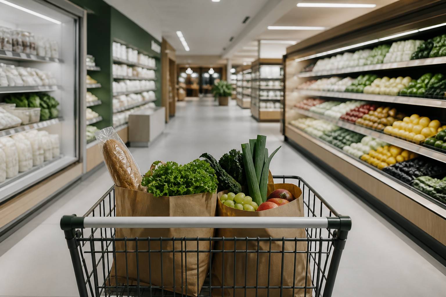Caddie de supermarché rempli de sacs de courses et de produits frais dans une allée lumineuse et rangée