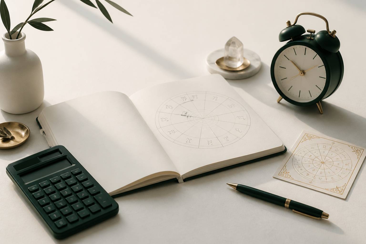 Carnet con cerchio zodiacale disegnato a matita, calcolatrice e sveglia analogica