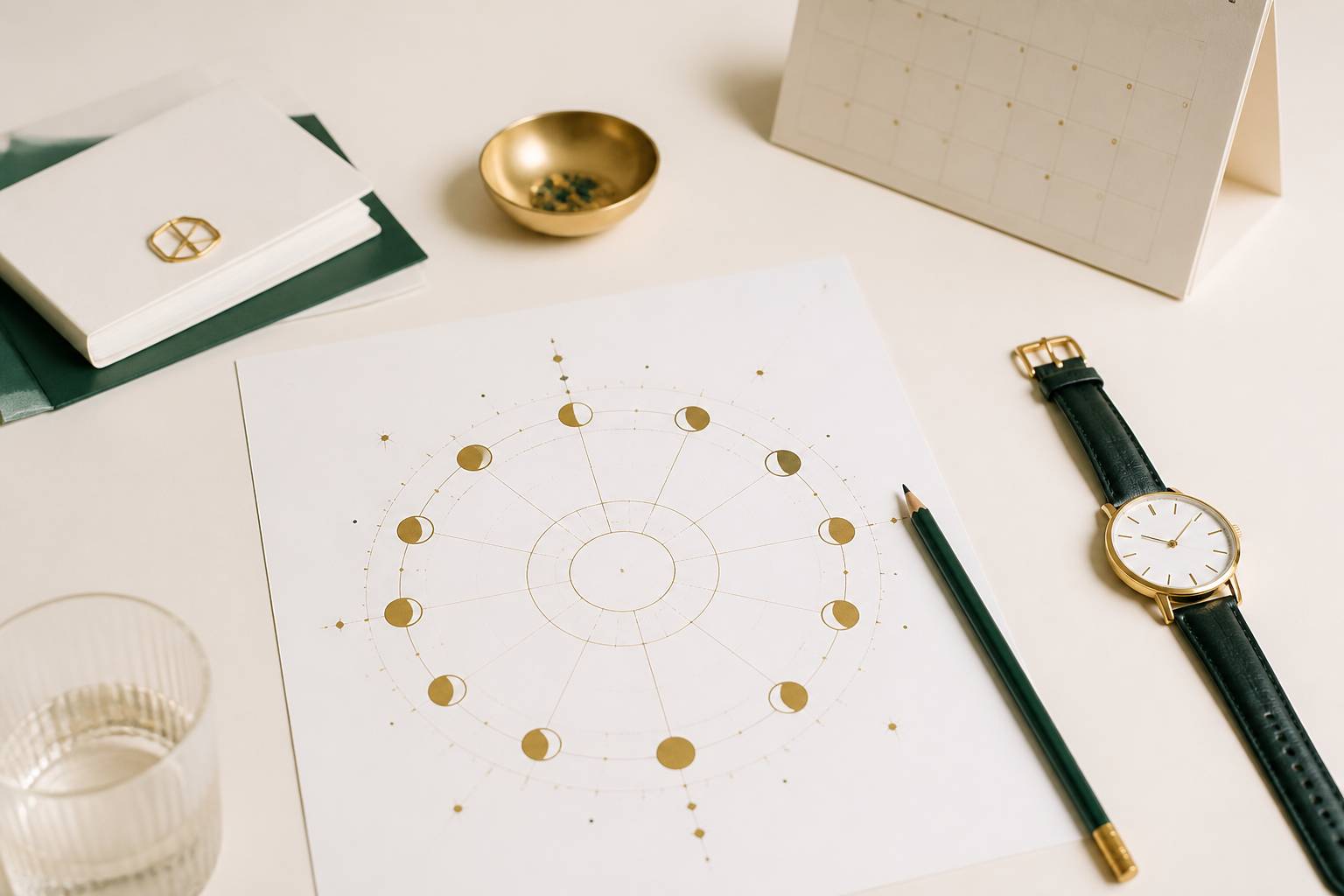 Données de calcul d'ascendant avec cercle zodiacal abstrait et montre