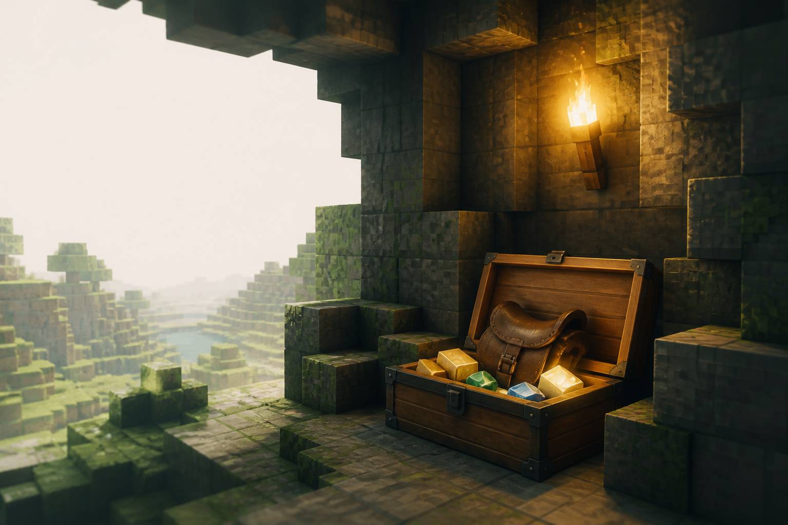Coffre en bois ouvert contenant une selle en cuir dans une caverne de jeu vidéo sandbox