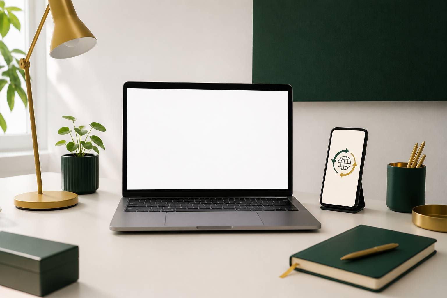Computer portatile con documento e smartphone su scrivania