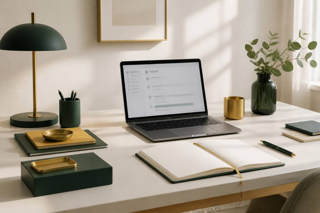 Ordinateur portable ouvert affichant une interface de messagerie abstraite sur un bureau clair