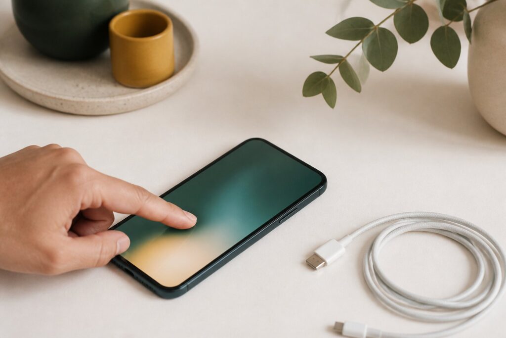 Smartphone avec écran flouté et geste d'appui long sur une table claire