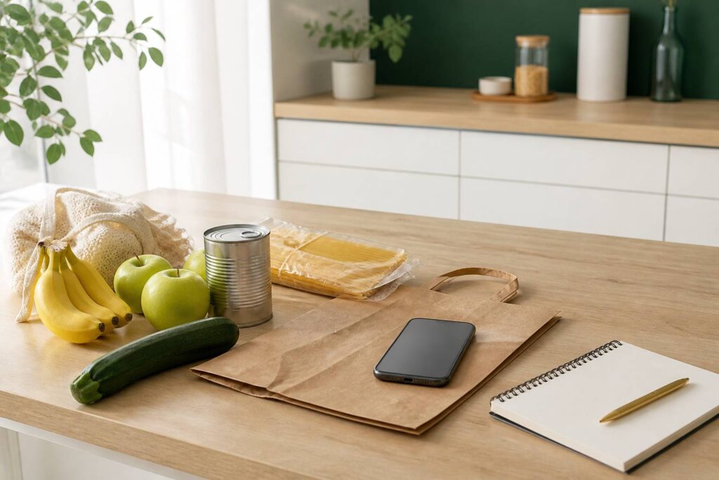 Plan de travail de cuisine avec smartphone, sac en papier kraft et produits d'épicerie génériques pour des courses en ligne