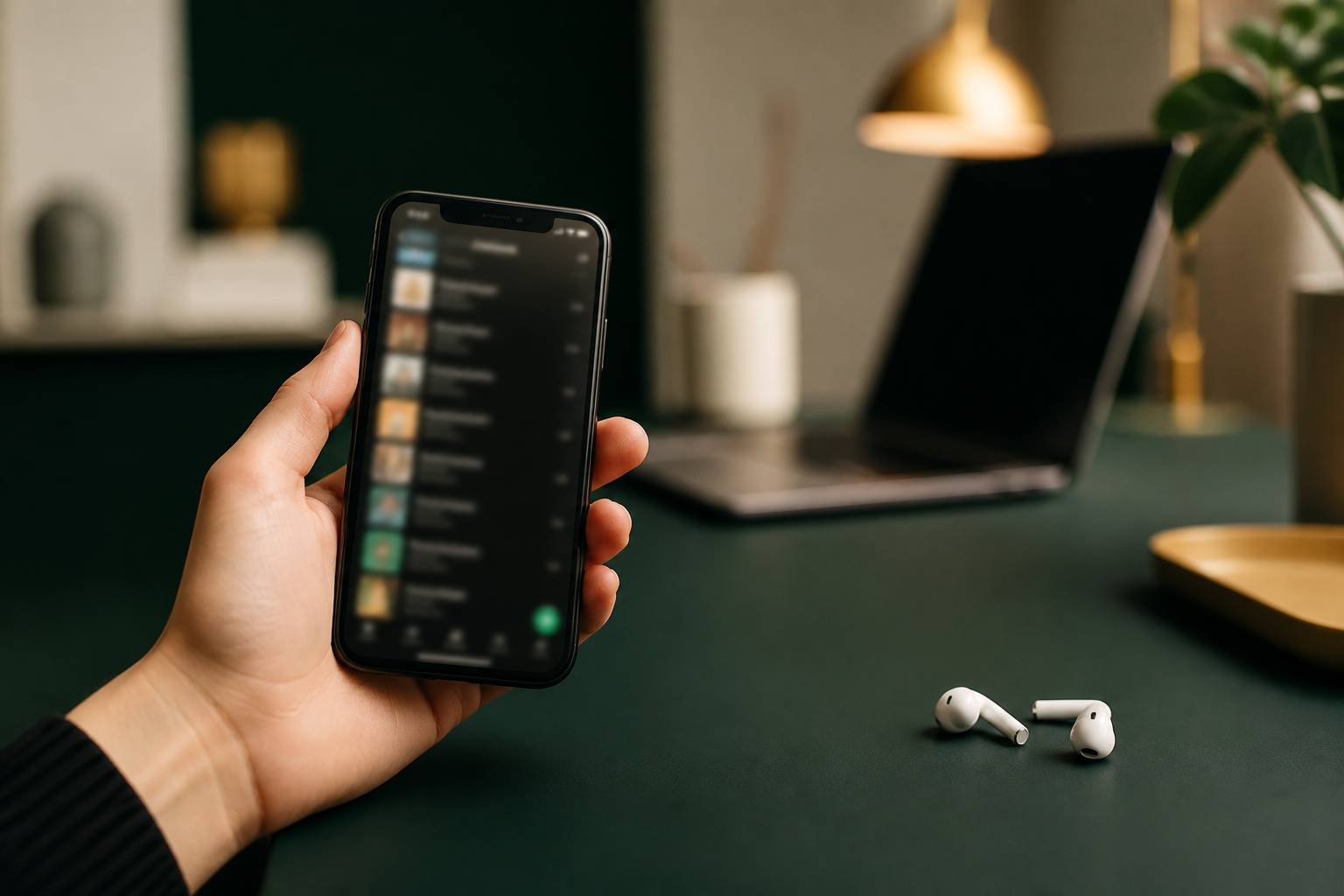 Smartphone avec une liste de lecture floue et des écouteurs sans fil