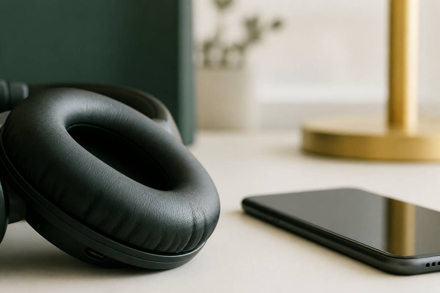 Cuscinetto di cuffie wireless con telefono sul piano di lavoro