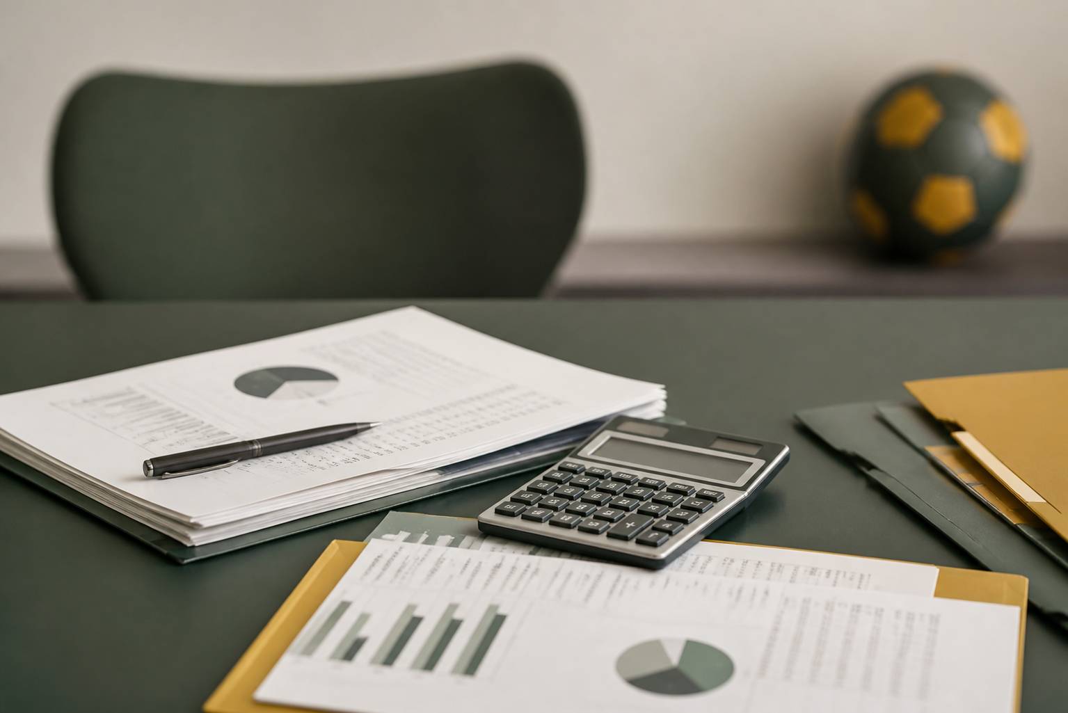 Table de réunion avec documents budgétaires, calculatrice et équipement sportif