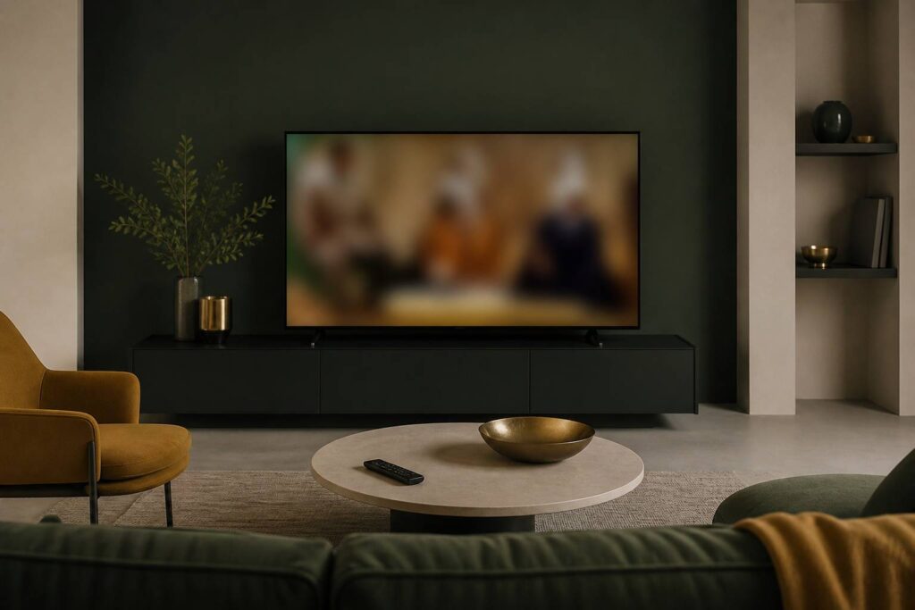 Salotto moderno con televisione accesa e telecomando sul tavolino