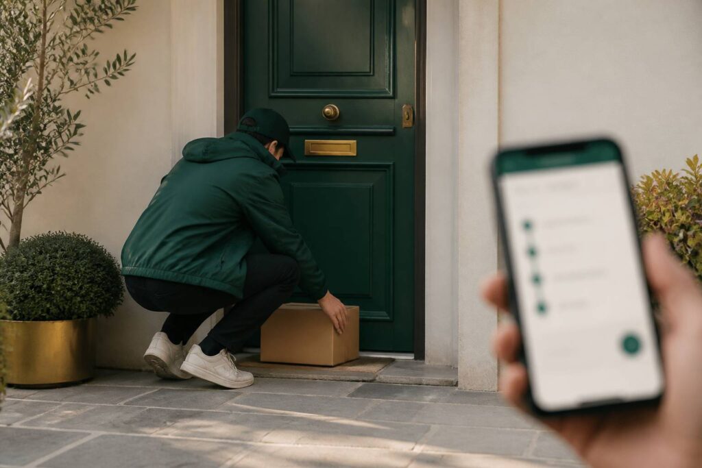 Livreur déposant un colis carton devant une porte d'entrée