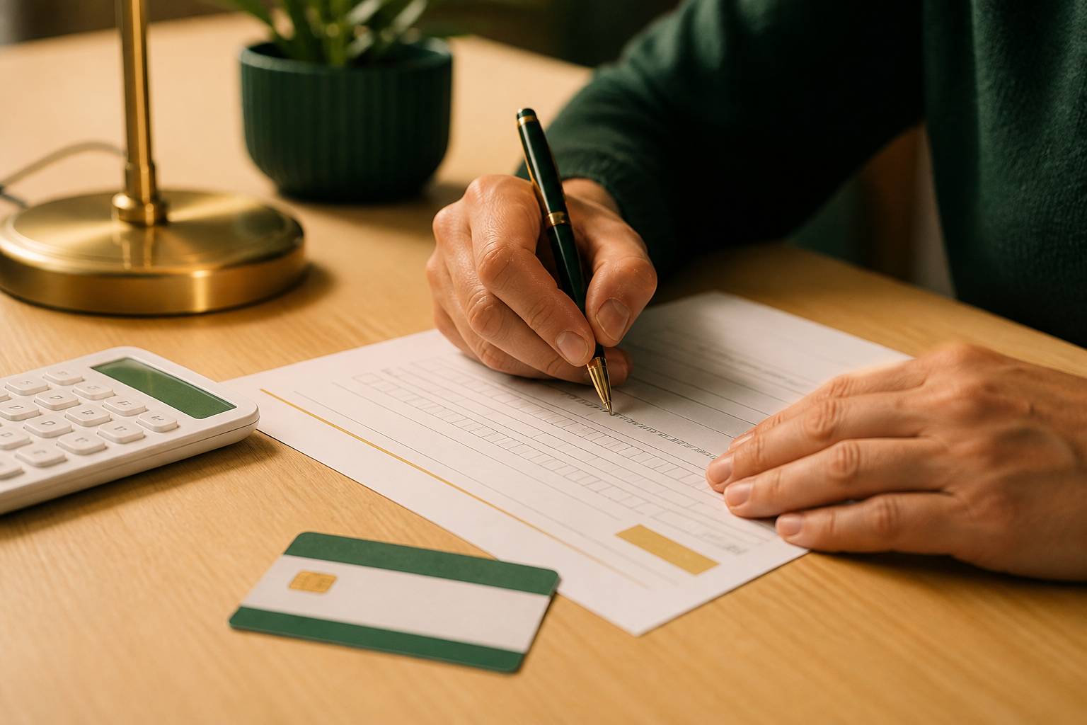 Mani che compilano un modulo con una penna e una calcolatrice