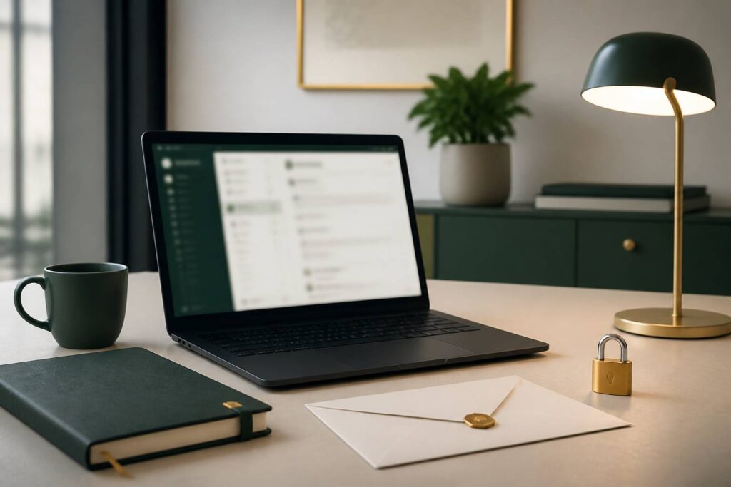Ordinateur portable avec interface de messagerie floutée et enveloppe sur un bureau