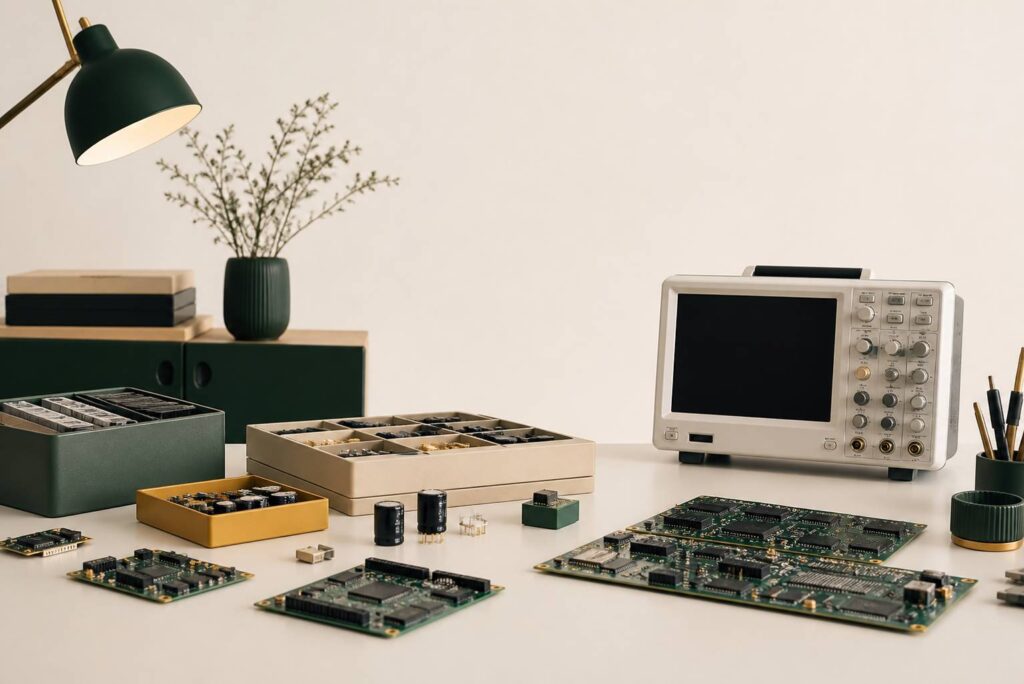Bureau épuré avec cartes de circuits et composants électroniques