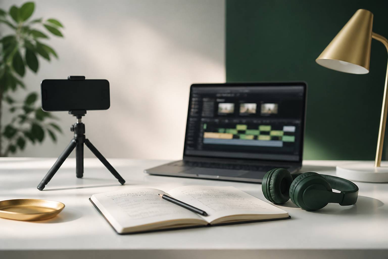 Smartphone sur trépied et ordinateur pour le montage d'une vidéo en boucle