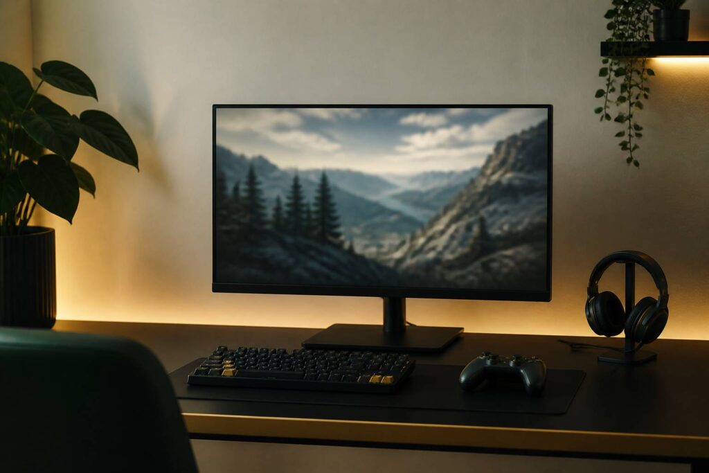 Setup de jeu sobre avec écran de jeu flou, clavier et manette