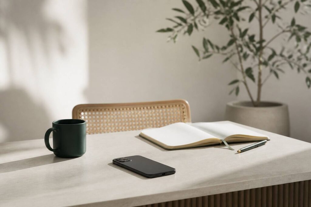 Smartphone posé sur un bureau avec un carnet ouvert et une tasse, ambiance sobre