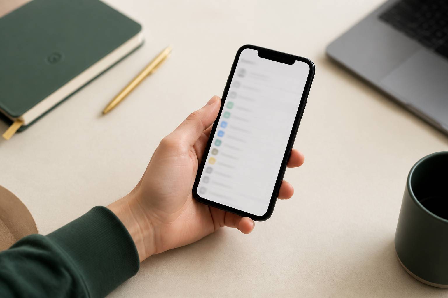 Main tenant un smartphone avec une page de paramètres de compte générique