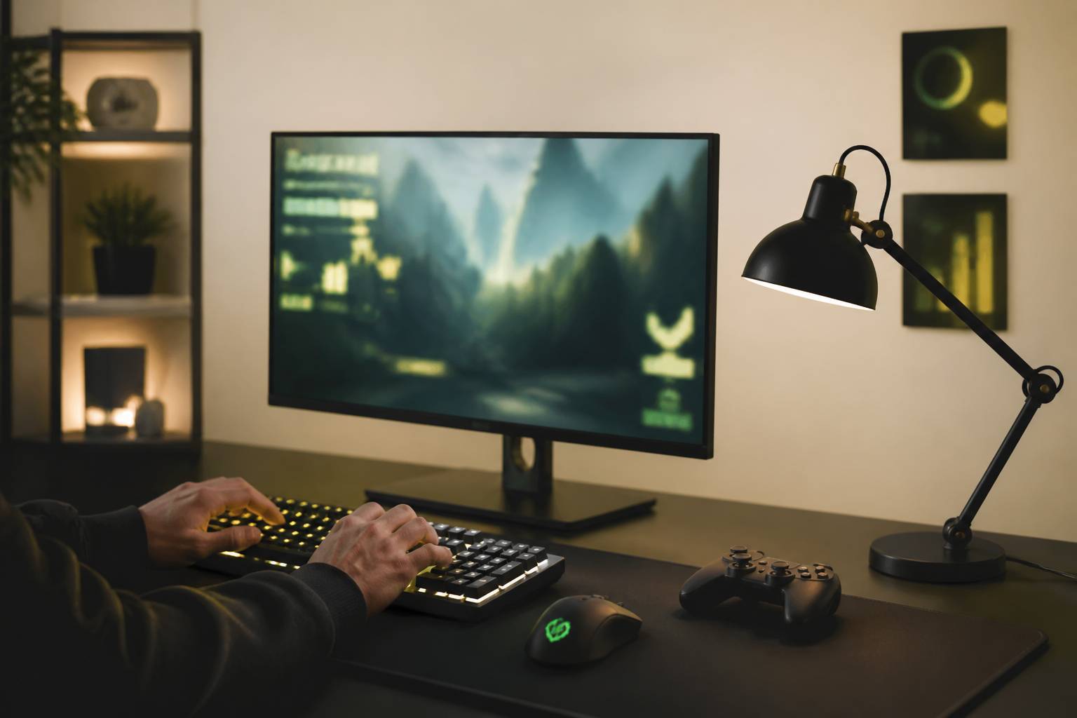 Mains sur un clavier rétroéclairé devant un écran de jeu flou