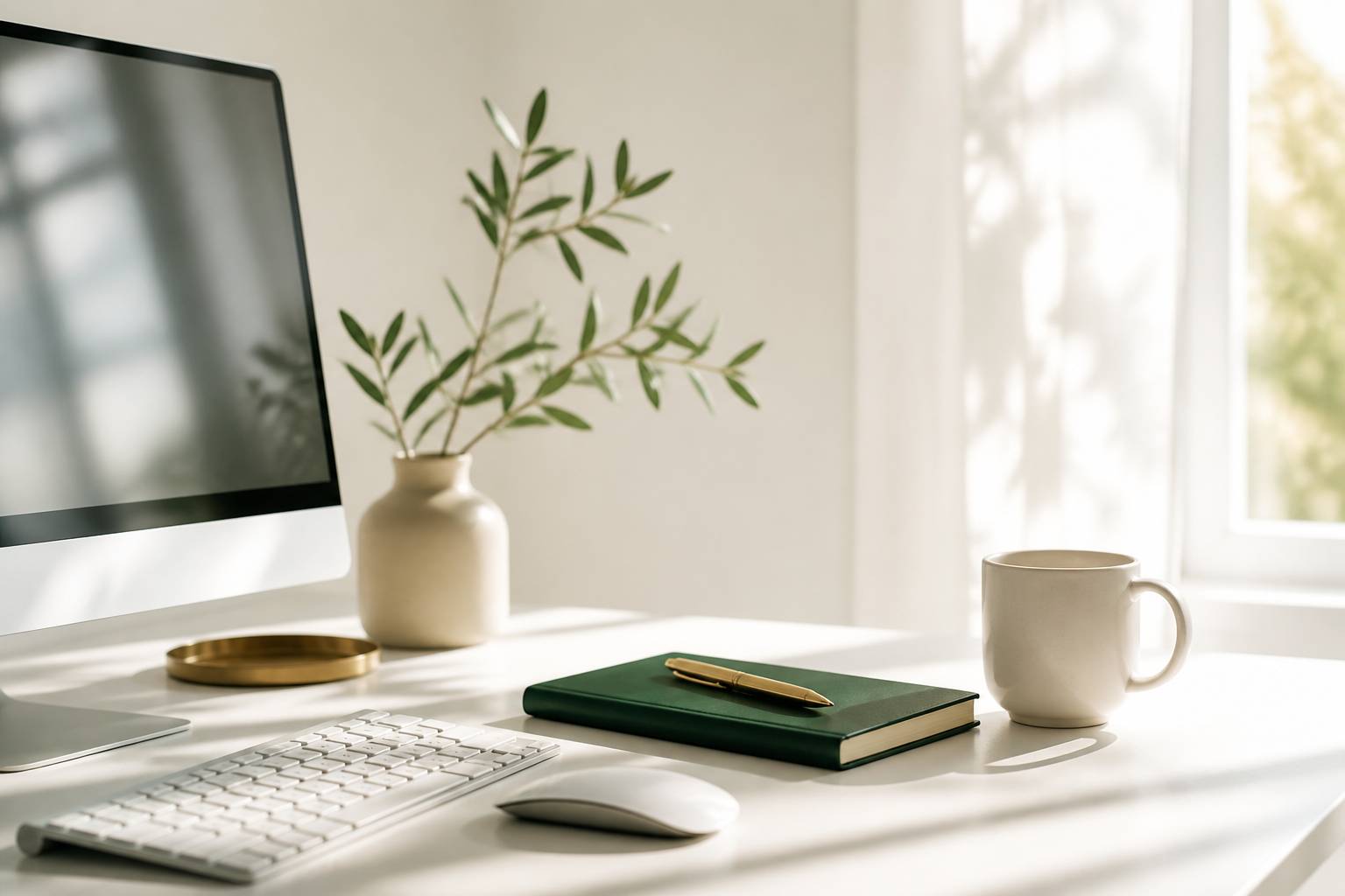 Clavier, carnet fermé et tasse sur un bureau clair