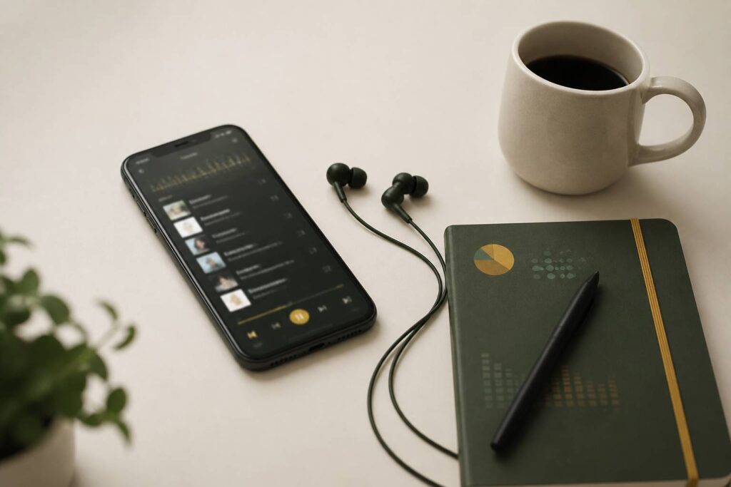 Smartphone affichant une interface musicale avec des écouteurs sur une table