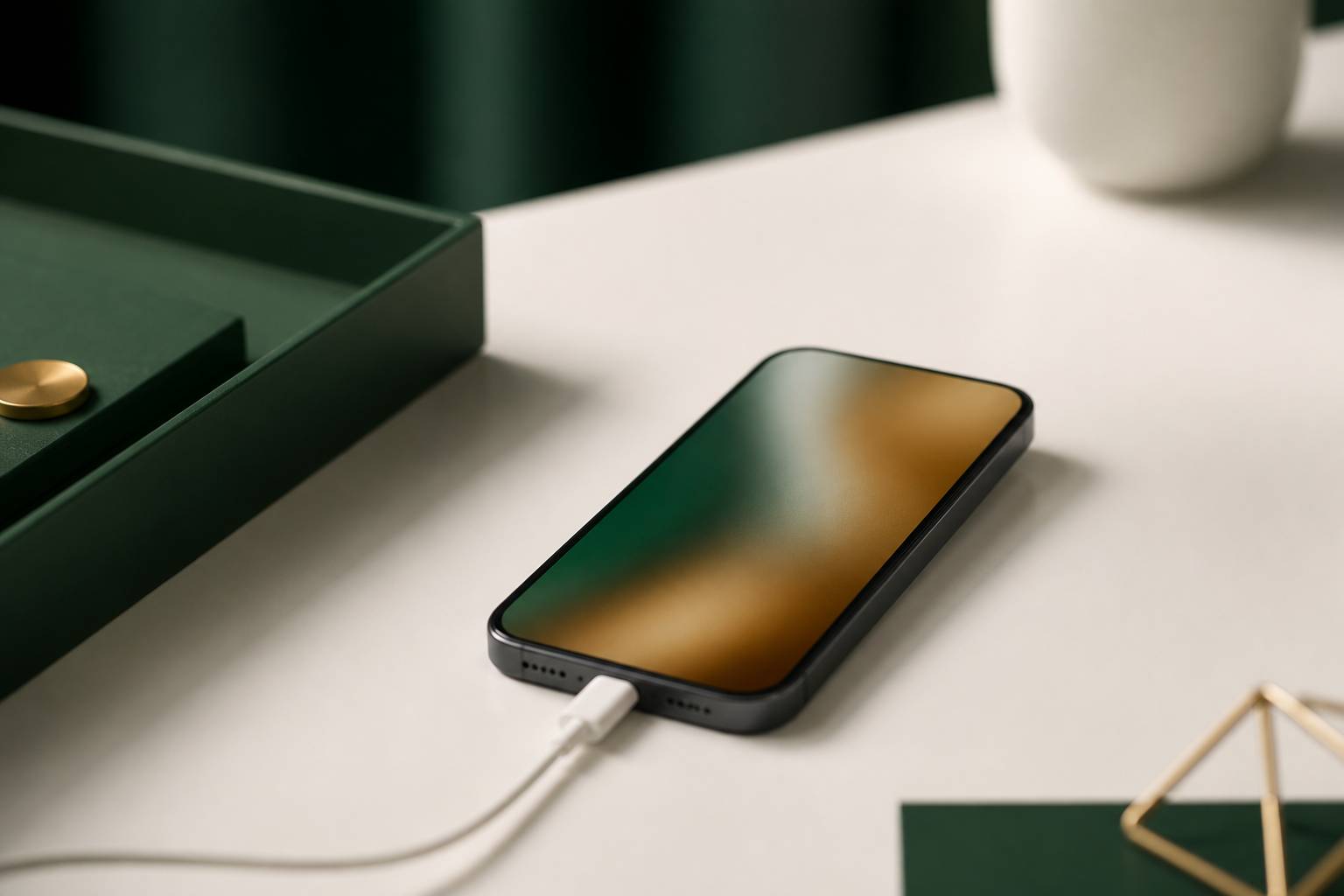 Smartphone générique avec écran de verrouillage flou et câble branché