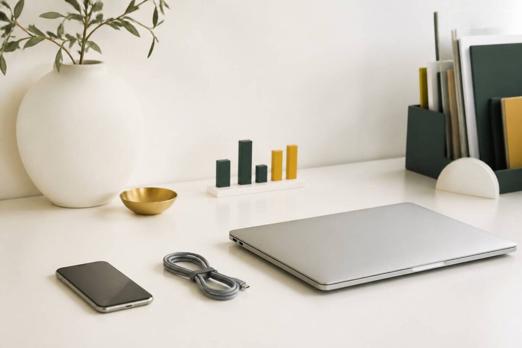 Smartphone générique posé sur un bureau avec câble de connexion