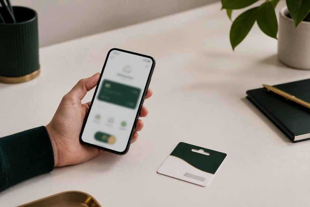 Smartphone posé près d'une carte de recharge téléphonique à code à gratter