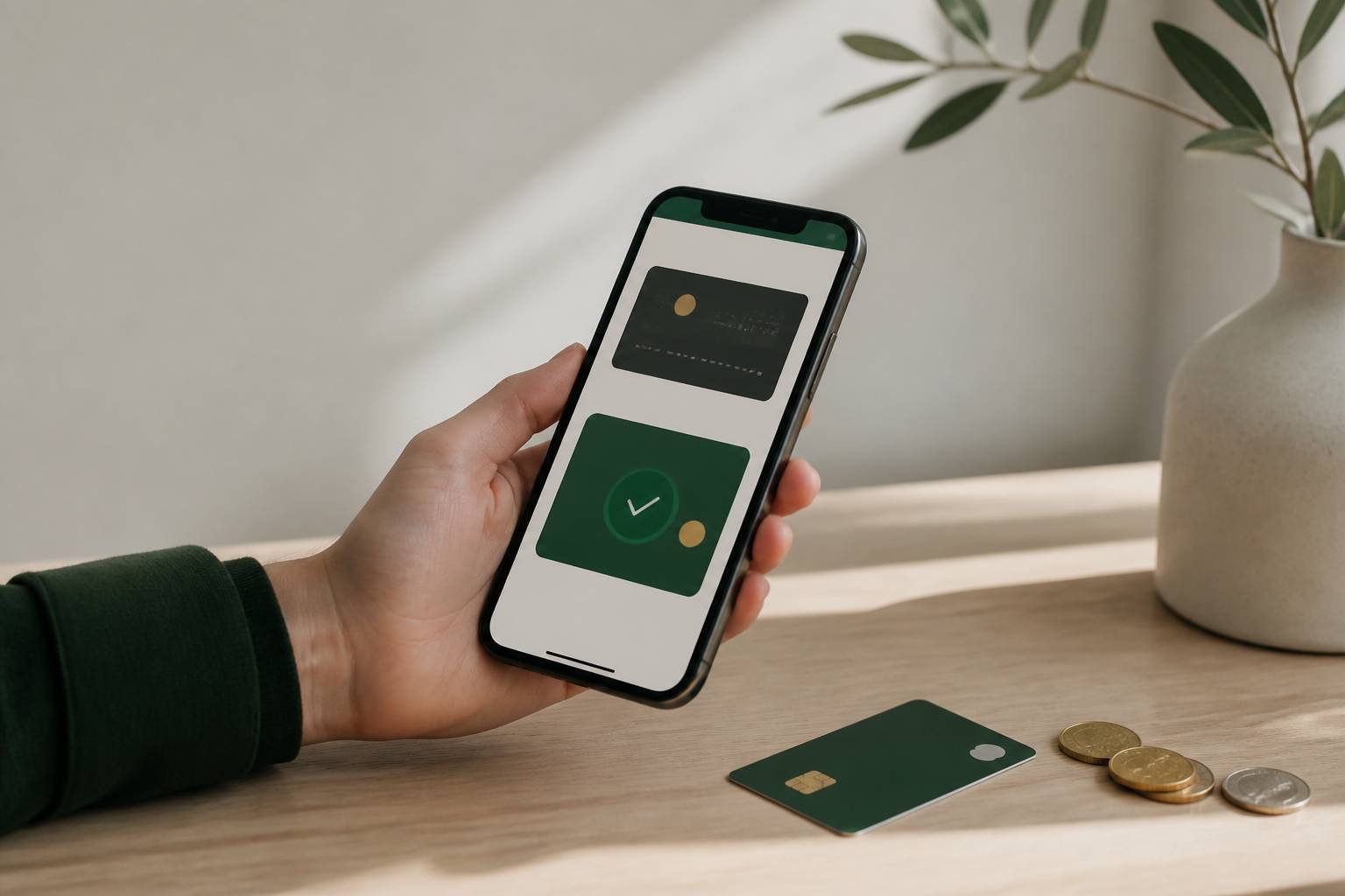 Téléphone dans une main avec interface de paiement et carte de recharge