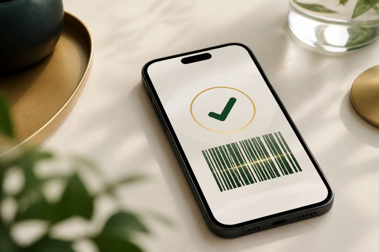 Smartphone affichant un écran de vérification abstrait avec une coche verte