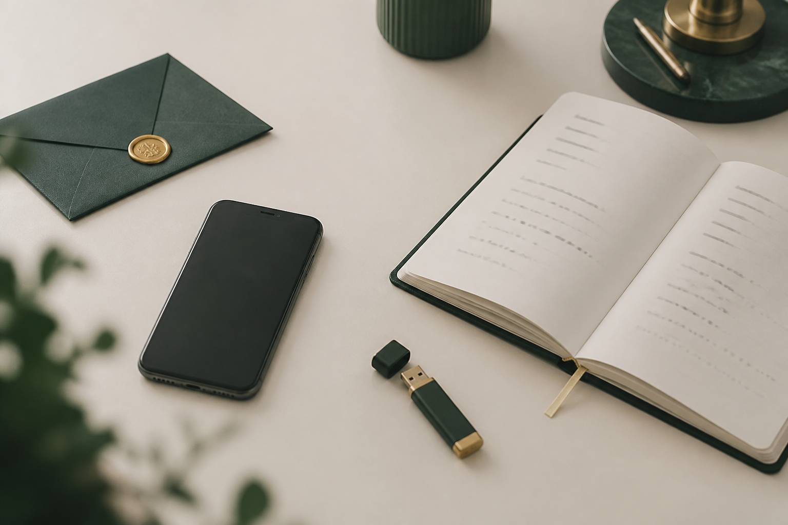 Enveloppe scellée, smartphone et clé USB sur un bureau épuré