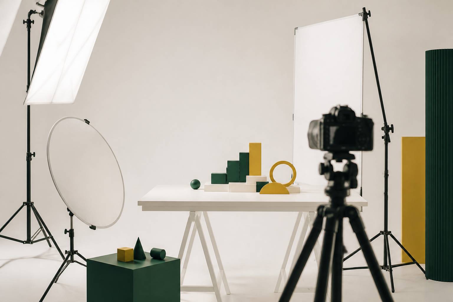 Set photo fond blanc avec trépied et réflecteurs pour catalogue