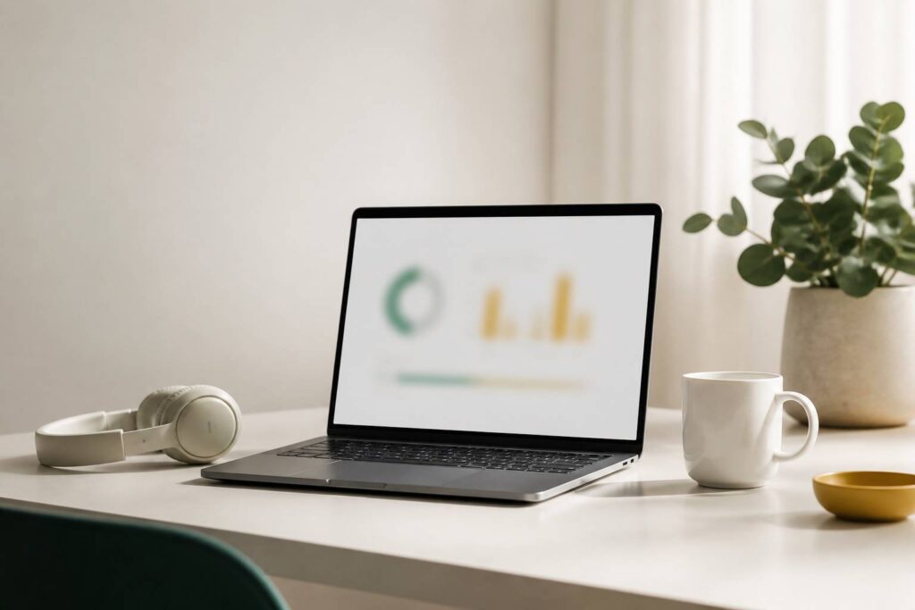 Ordinateur portable sur un bureau sobre avec écran flou