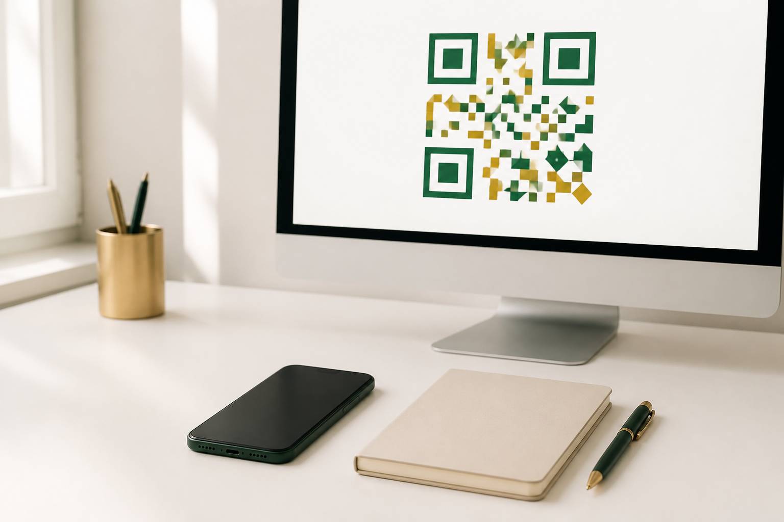 Smartphone scannant un code QR abstrait sur un écran d'ordinateur dans un bureau sobre