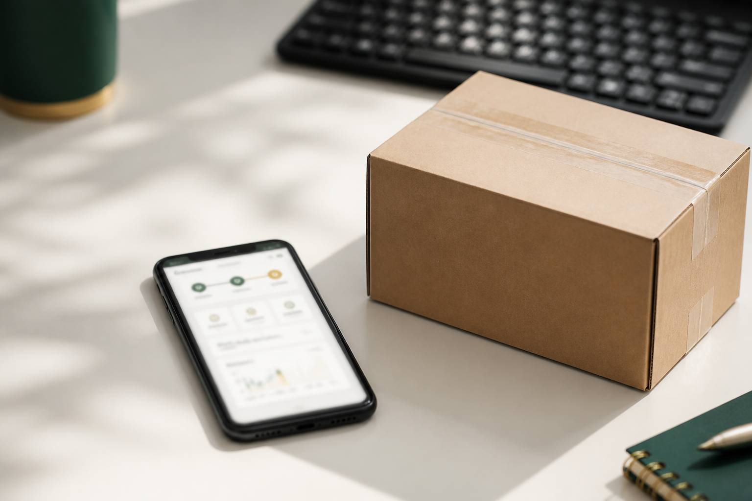 Smartphone avec écran de suivi de colis flou à côté d'un carton