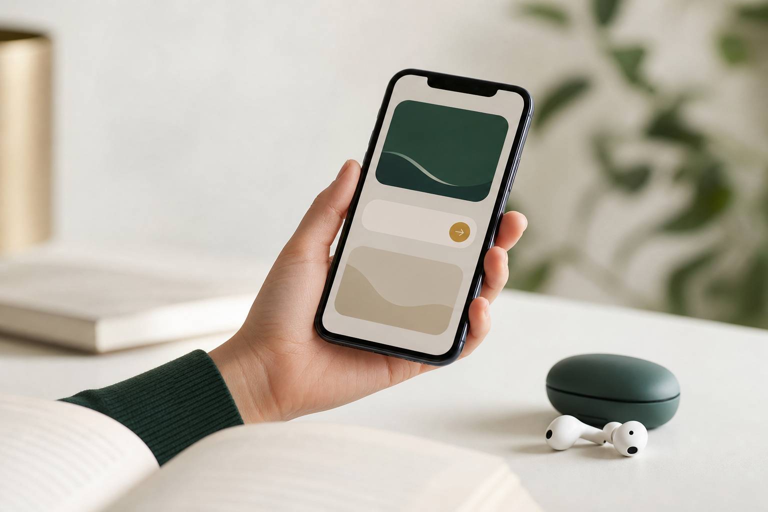 Main tenant un smartphone avec interface de traduction floutée près d'un livre ouvert