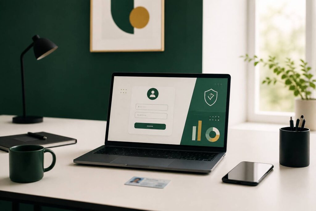 Bureau épuré avec un ordinateur affichant un formulaire abstrait et un téléphone