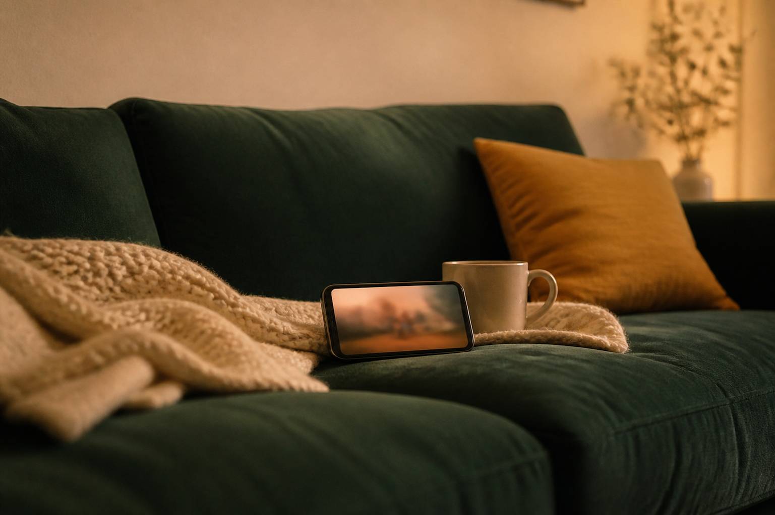 Smartphone su plaid che riproduce un video sfocato con tazza accanto