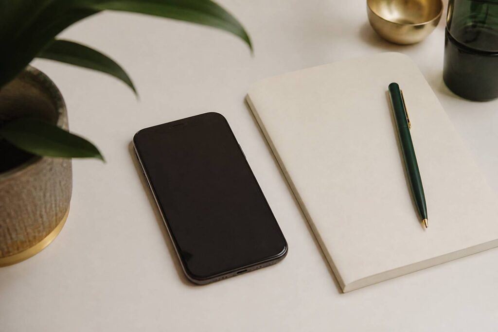 Smartphone posé sur un bureau sobre avec carnet et stylo