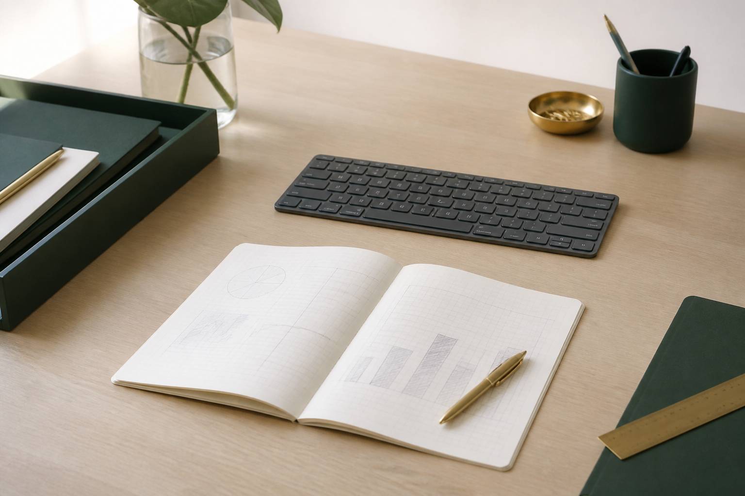 Clavier et carnet avec un tableau dessiné à la main