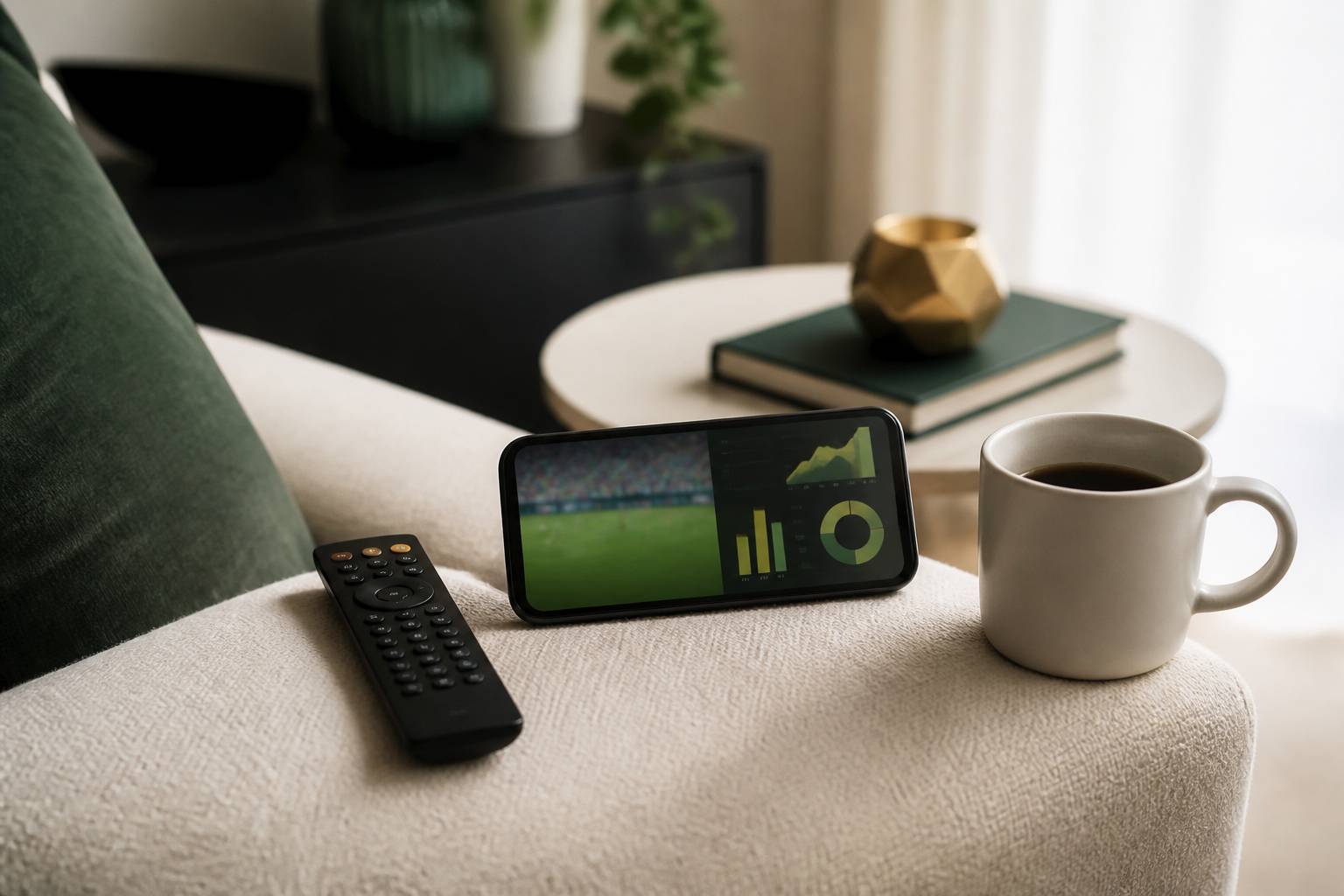 Télécommande et smartphone sur un canapé pour le streaming sportif