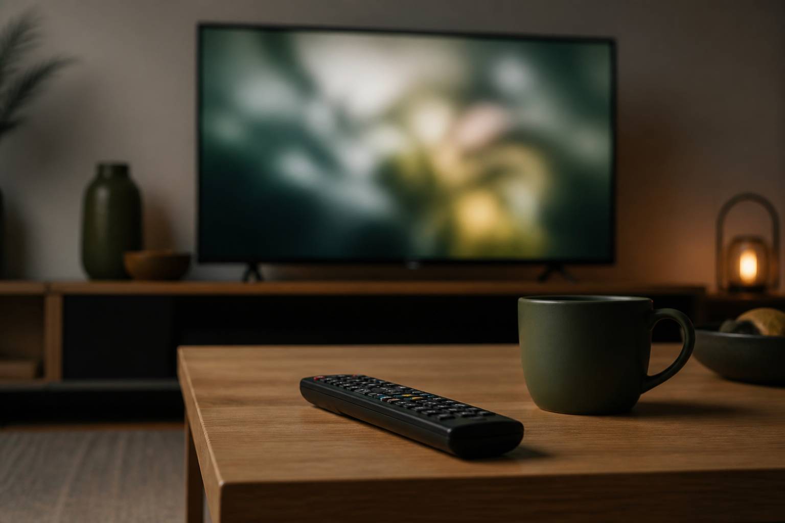 Télécommande posée sur une table basse devant un écran de télévision allumé