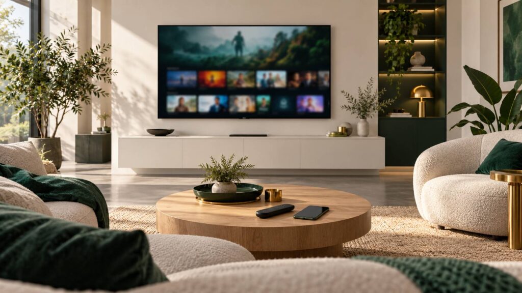 Salon contemporain avec televiseur affichant une interface de streaming et telecommande sur table basse